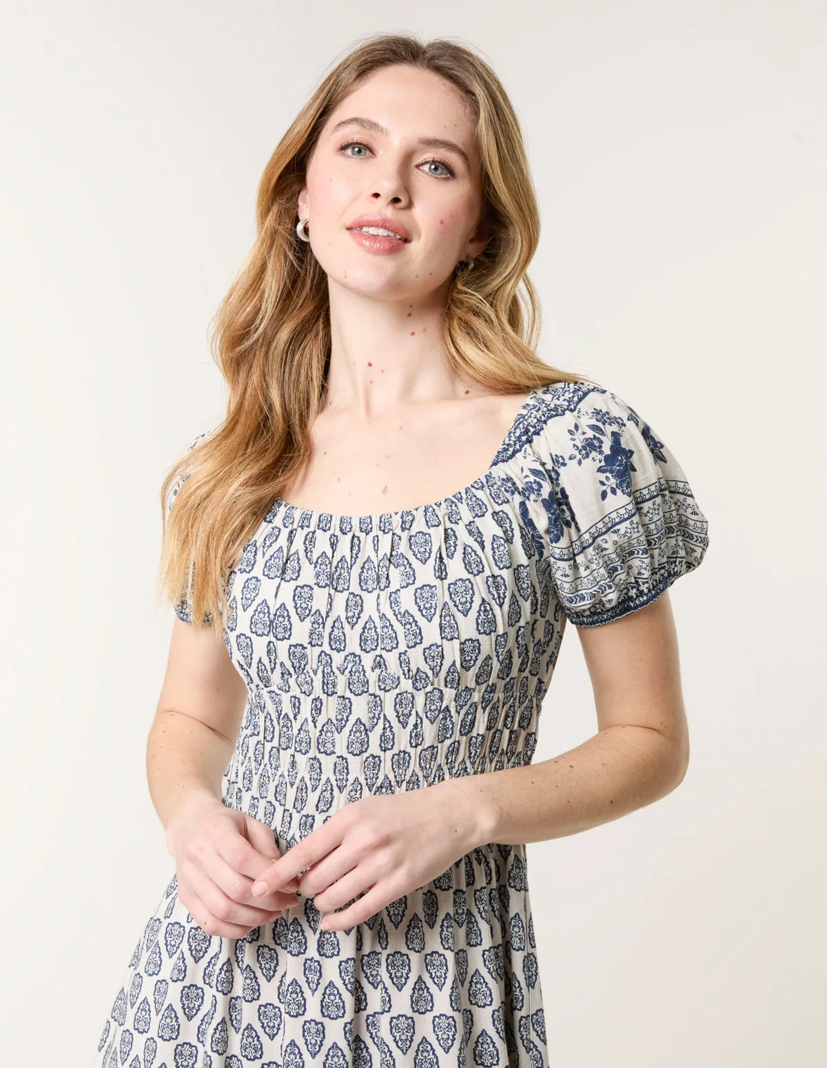 Border Print Puff Sleeve Midi Dress sold by Blue Vanilla product image thumbnail 2