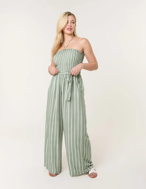 Shirred Tie Neck Jumpsuit sold by Blue Vanilla