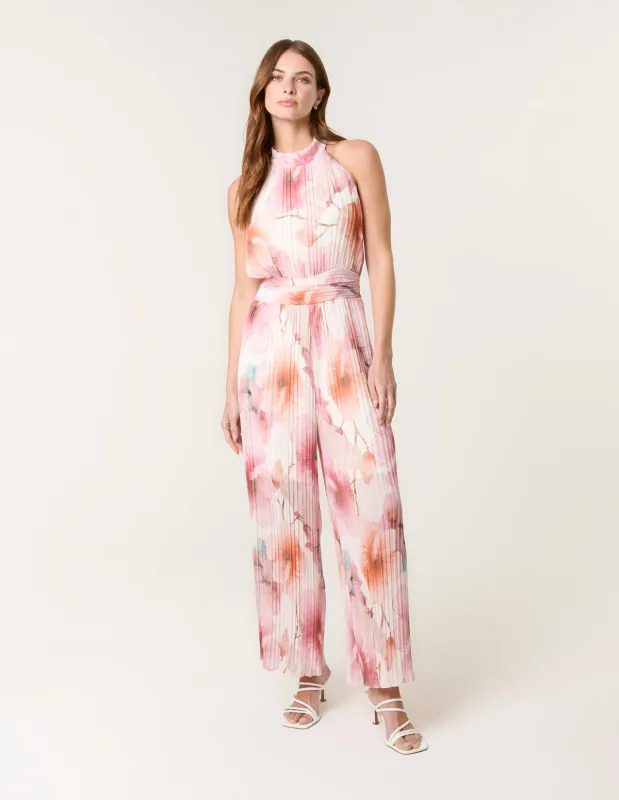 Pleated Halter Neck Watercolour Floral Printed Jumpsuit made by Blue Vanilla