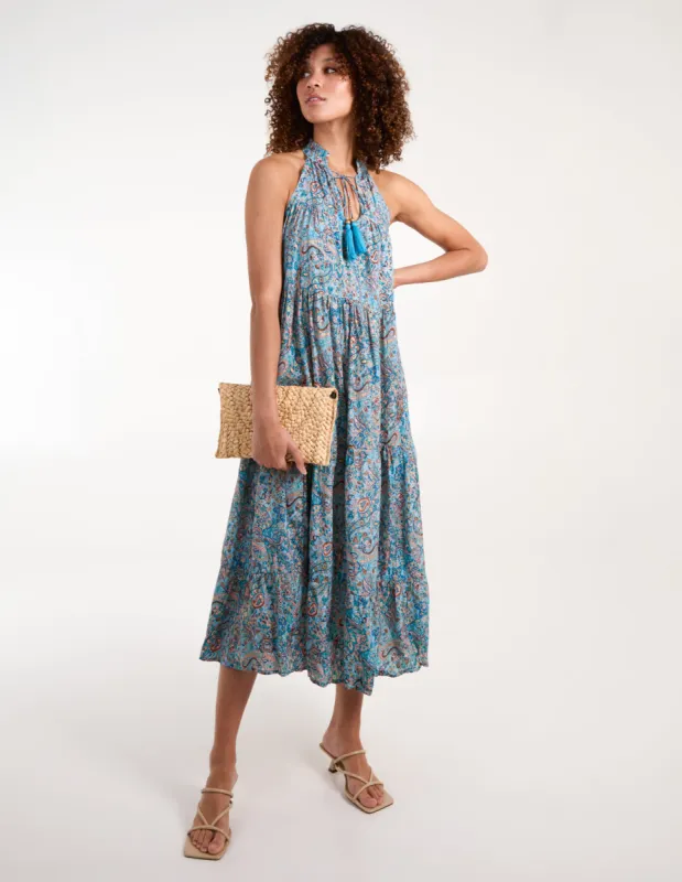 Paisley Tassel Tie Neck Smock Midi Dress sold by Blue Vanilla