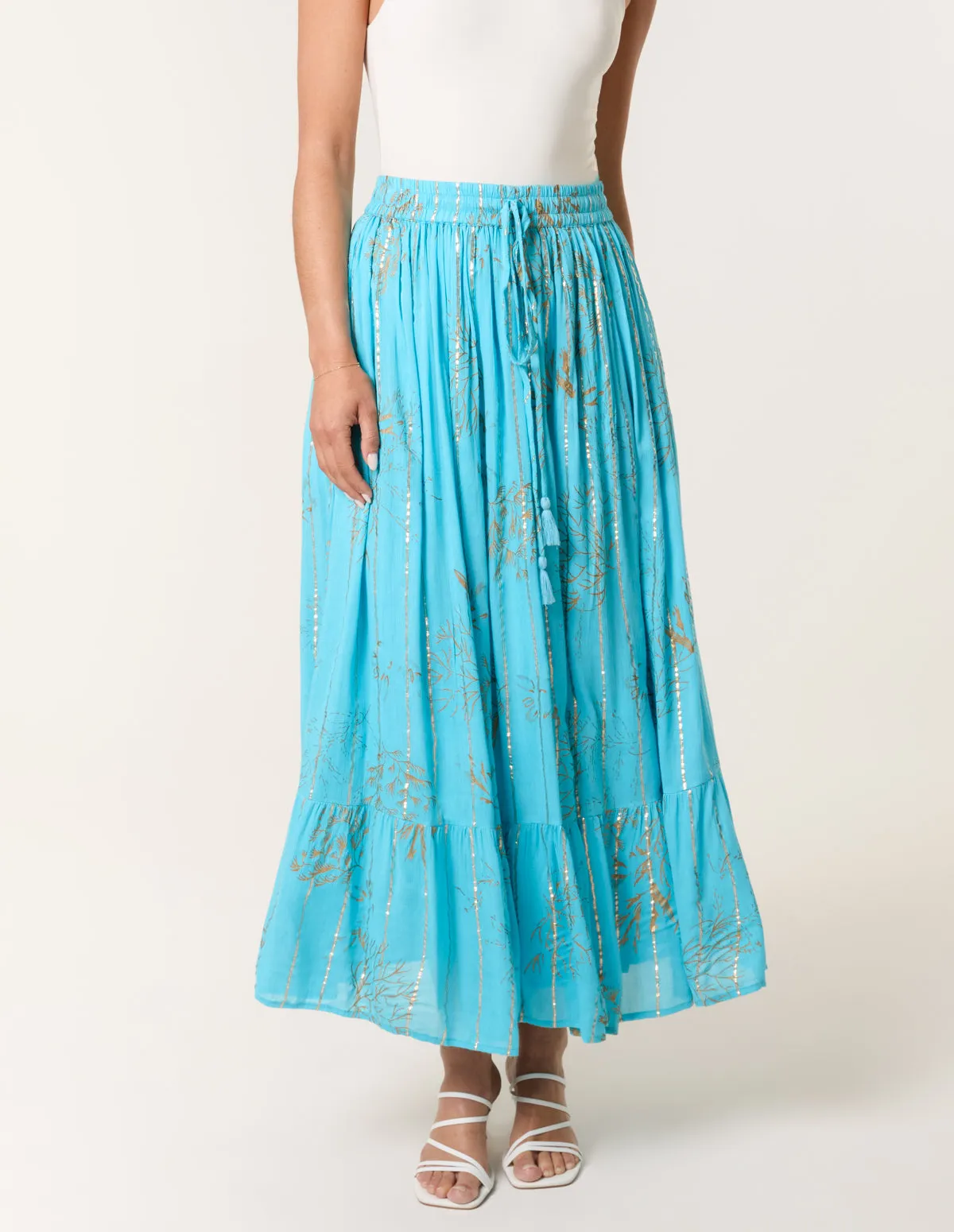 Gold Foil Print Peplum Hem Skirt sold by Blue Vanilla