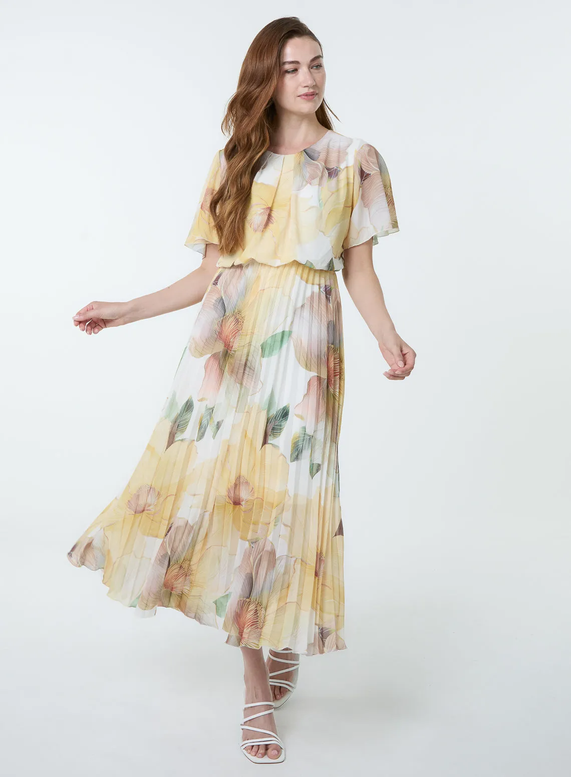 Floral Scoop Neck Flutter Sleeve Pleat Dress sold by Blue Vanilla product image thumbnail 3