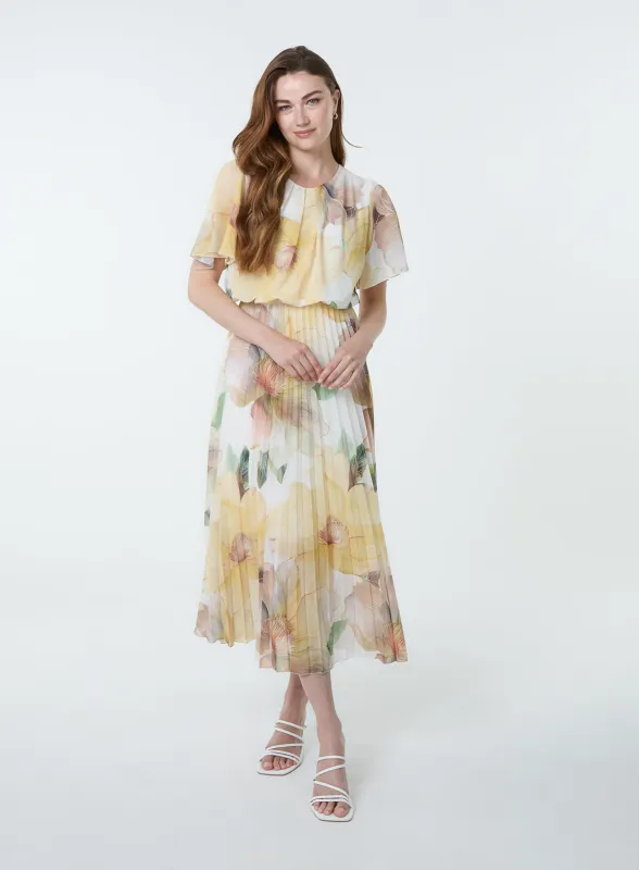 Floral Scoop Neck Flutter Sleeve Pleat Dress sold by Blue Vanilla