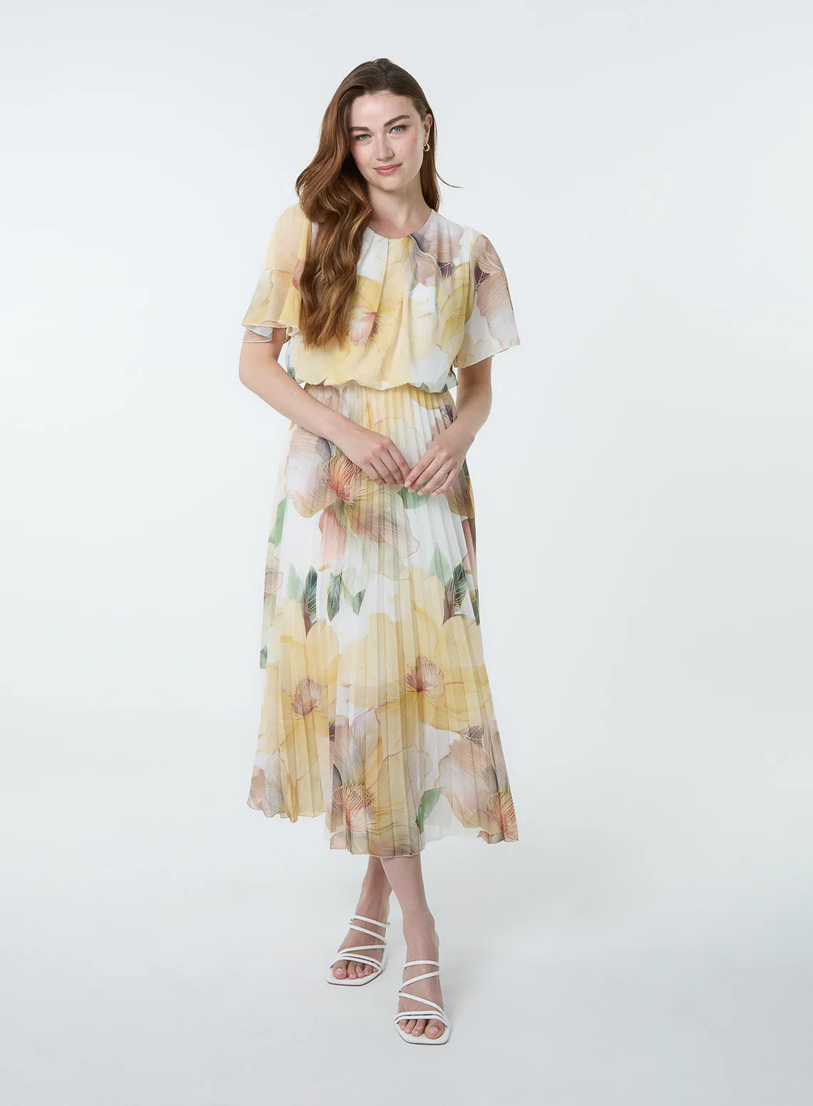 Floral Scoop Neck Flutter Sleeve Pleat Dress sold by Blue Vanilla