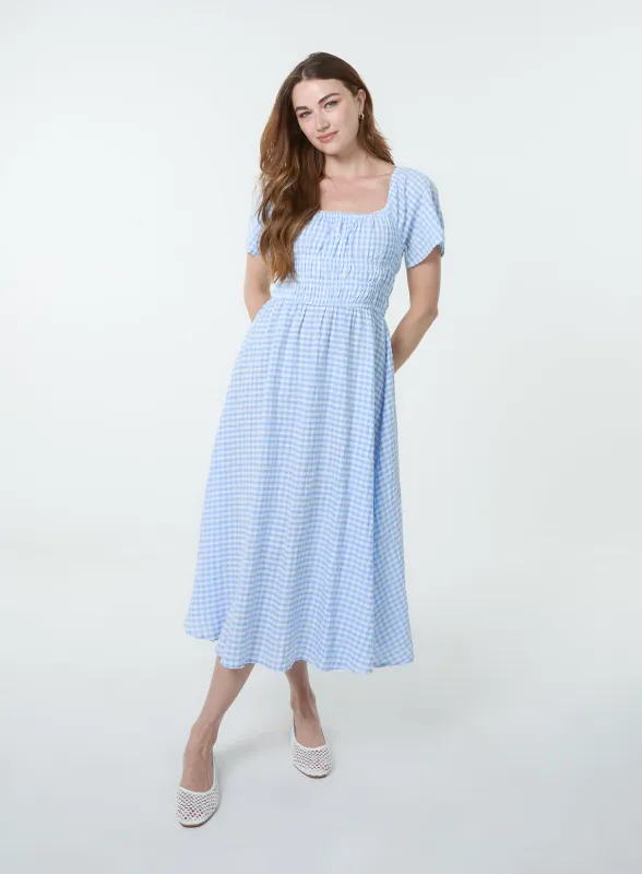 Shirred Gingham Midi Dress sold by Blue Vanilla