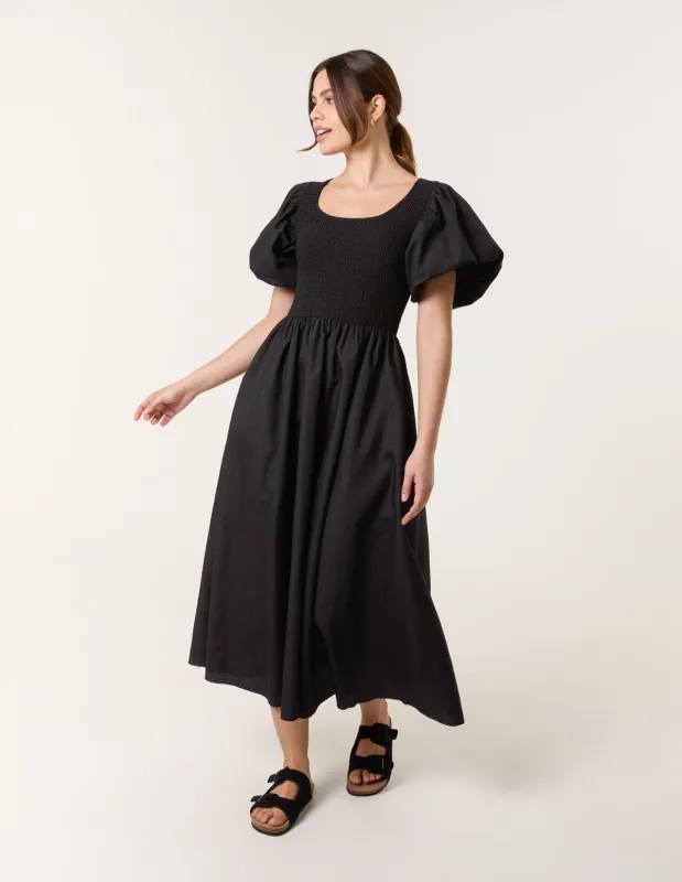 Puff Sleeve Mix Fabric Midi Dress sold by Blue Vanilla