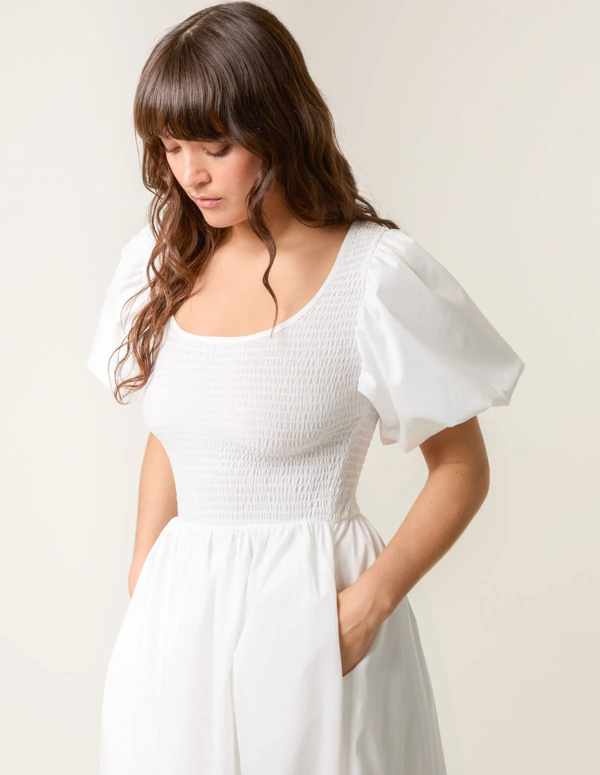 Puff Sleeve Mix Fabric Midi Dress sold by Blue Vanilla product image thumbnail 2