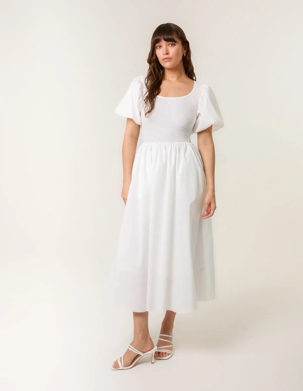 Puff Sleeve Mix Fabric Midi Dress sold by Blue Vanilla product image thumbnail 3