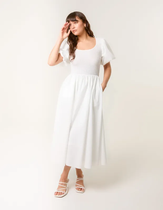 Puff Sleeve Mix Fabric Midi Dress sold by Blue Vanilla