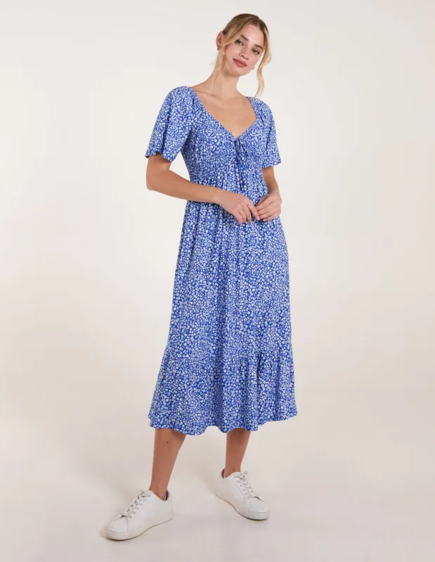 Ditsy Floral Tie Front Shirred Waist Midi Dress sold by Blue Vanilla