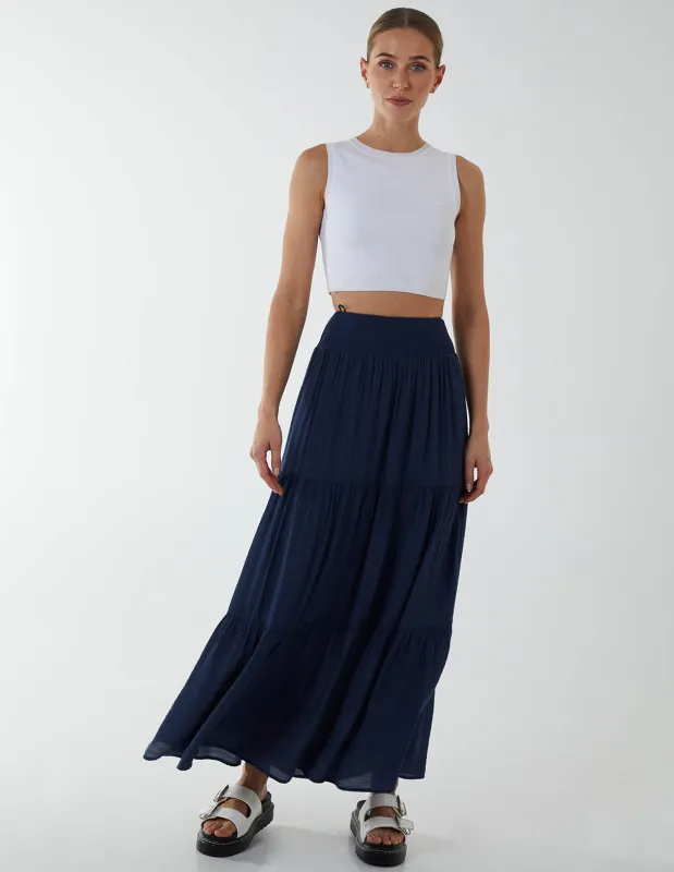 Shirring Waist Tiered Maxi Skirt sold by Blue Vanilla