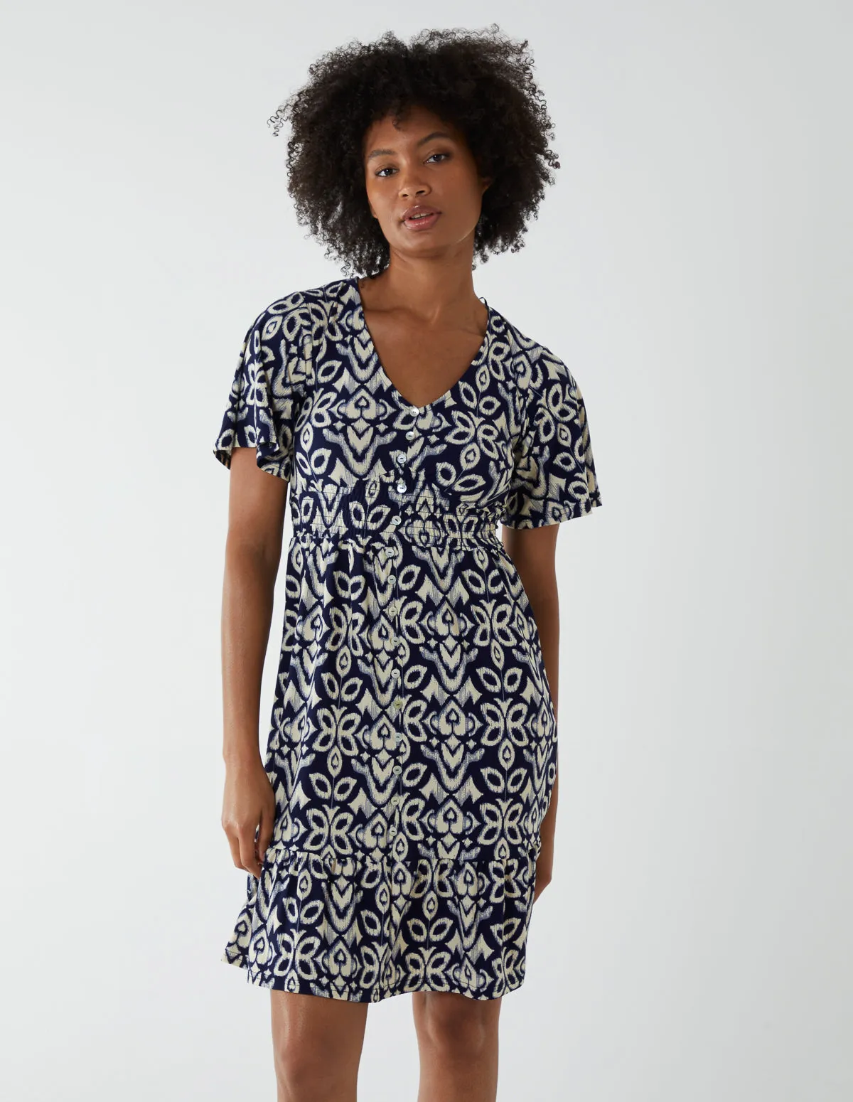 V Neck Shirred Mini Tea Dress With Split sold by Blue Vanilla