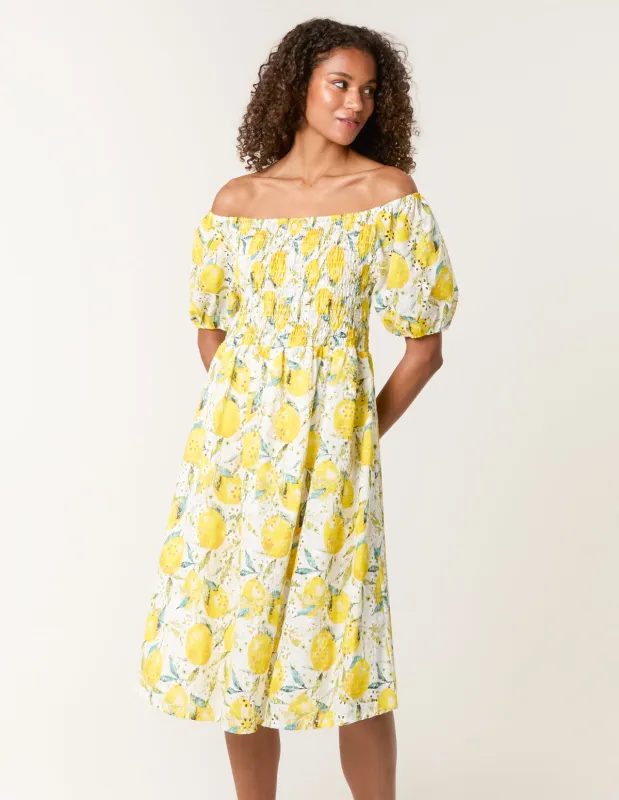 Lemon Print Broderie Anglaise Shirred Dress sold by Blue Vanilla