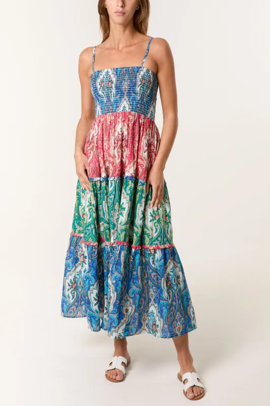Paisley Printed Shirred Waist Strappy Midi Dress sold by Blue Vanilla