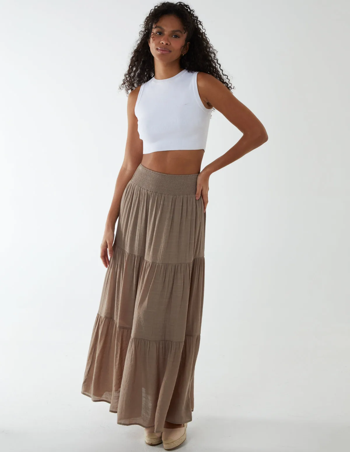 Shirring Waist Tiered Maxi Skirt sold by Blue Vanilla