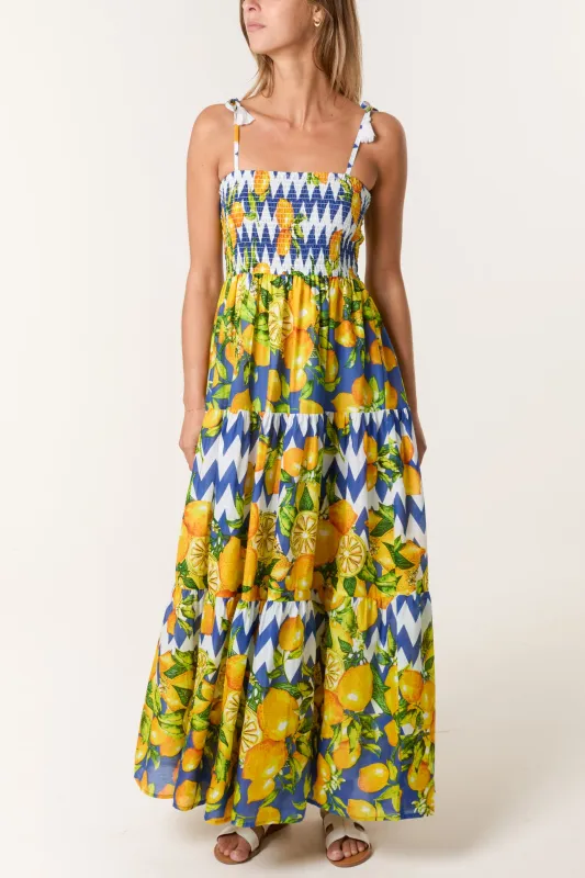 Lemon Print Shirred Dress sold by Blue Vanilla