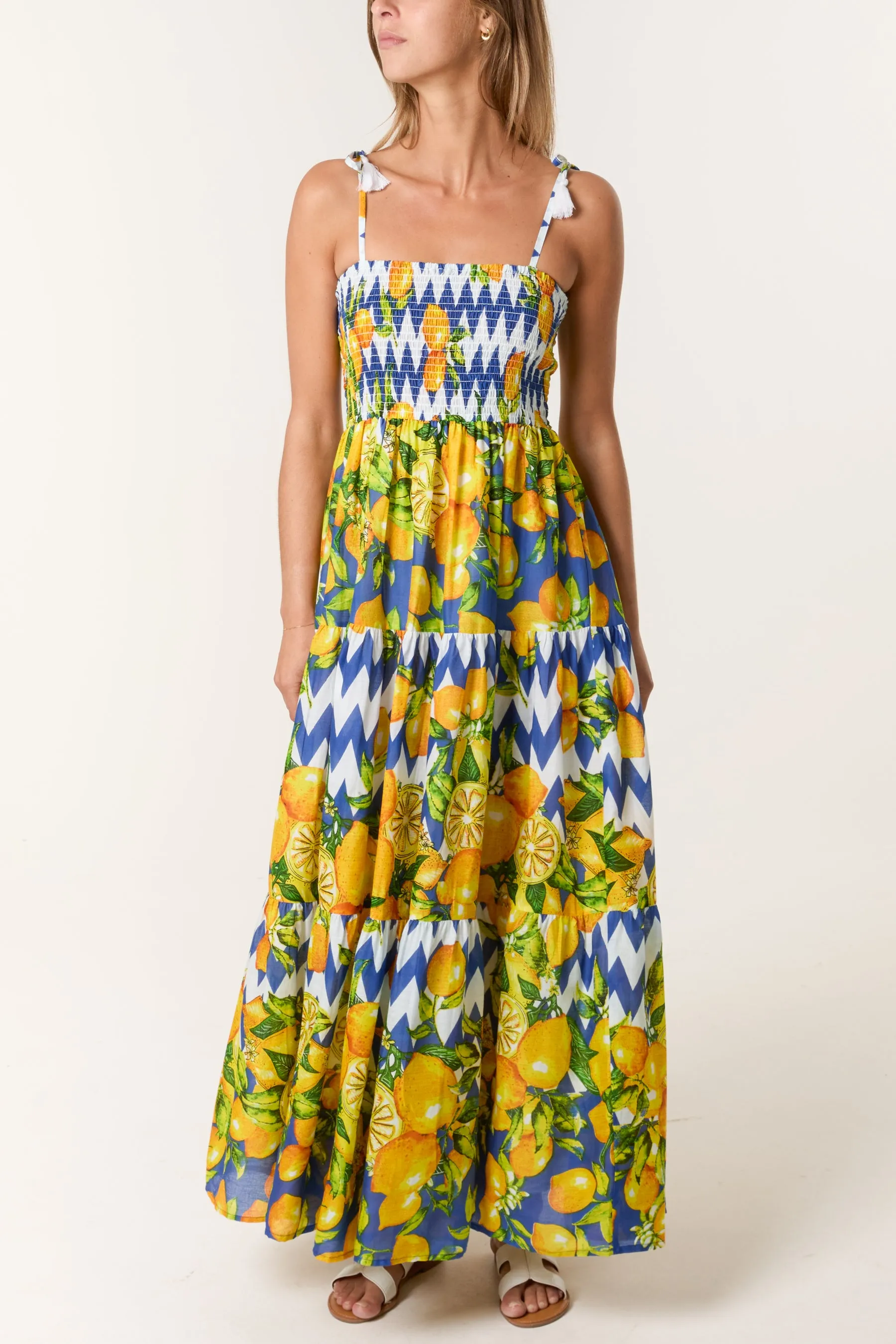 Lemon Print Shirred Dress sold by Blue Vanilla