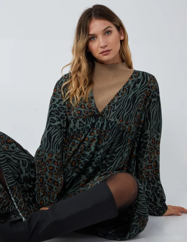 Animal Print Tiered Long Sleeve Dress sold by Blue Vanilla