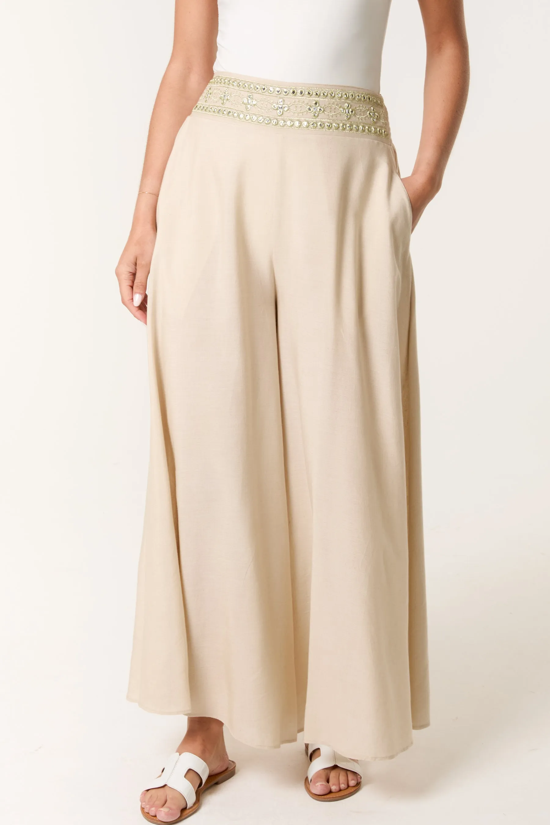 Wide Leg Embellished Linen Trousers sold by Blue Vanilla