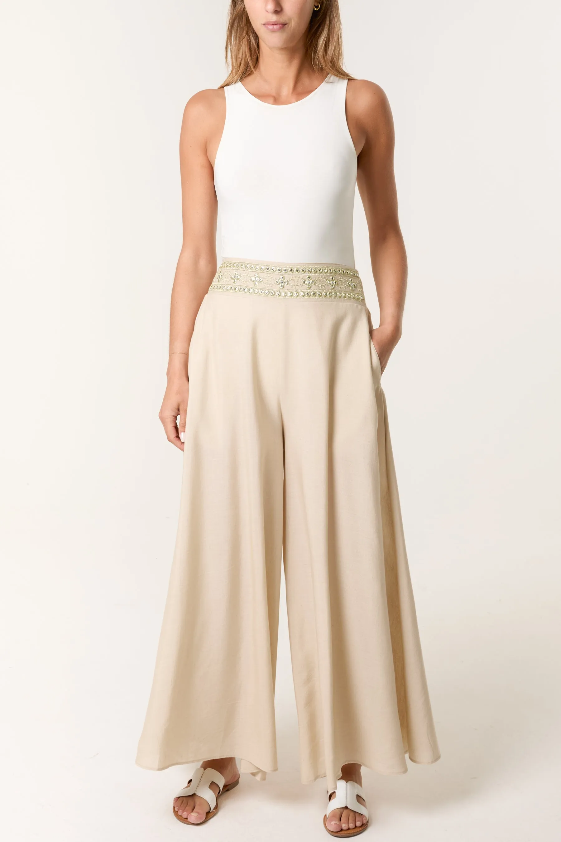 Wide Leg Embellished Linen Trousers sold by Blue Vanilla product image thumbnail 2