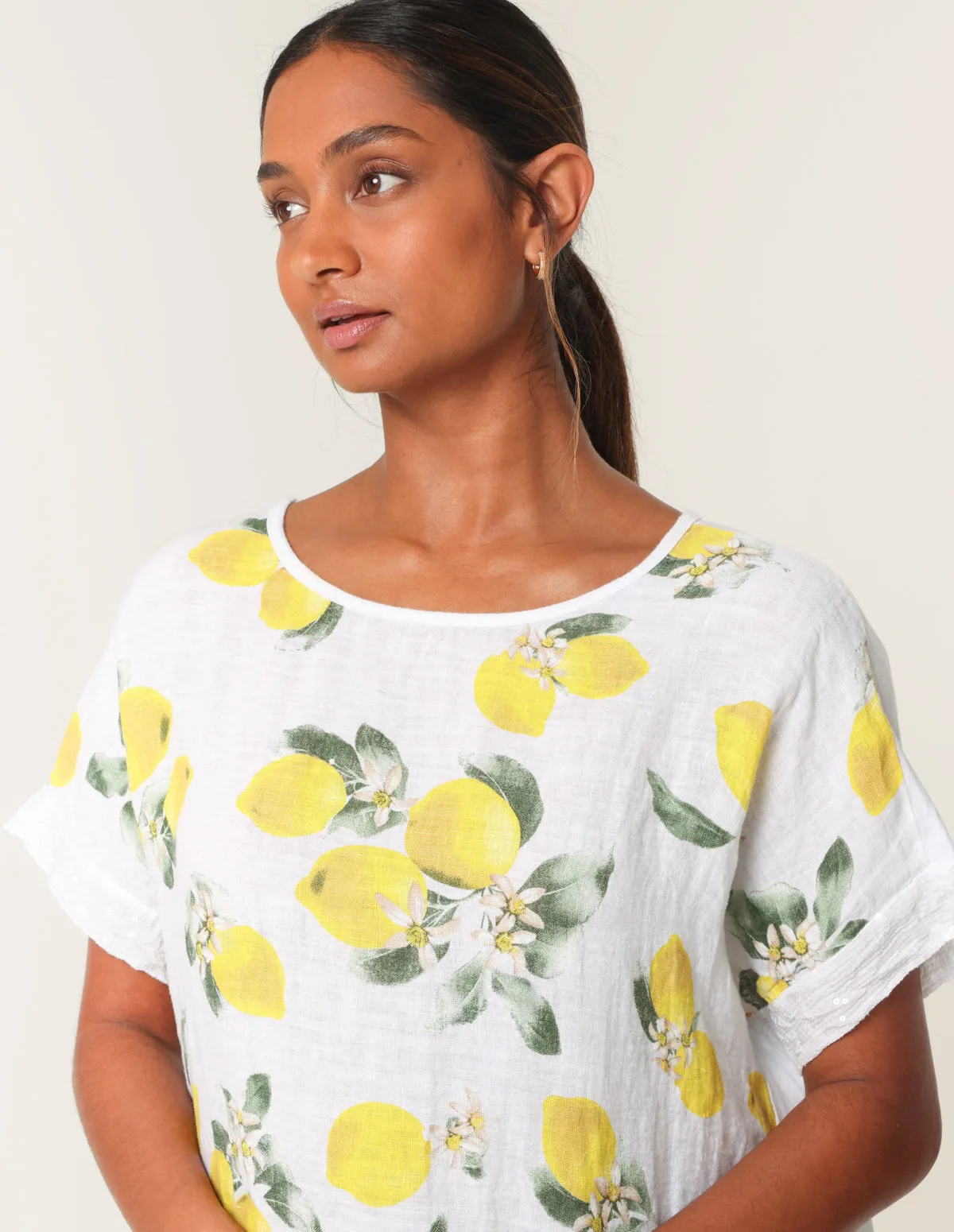 Linen Front Lemon Print Top With Sequin sold by Blue Vanilla product image thumbnail 2