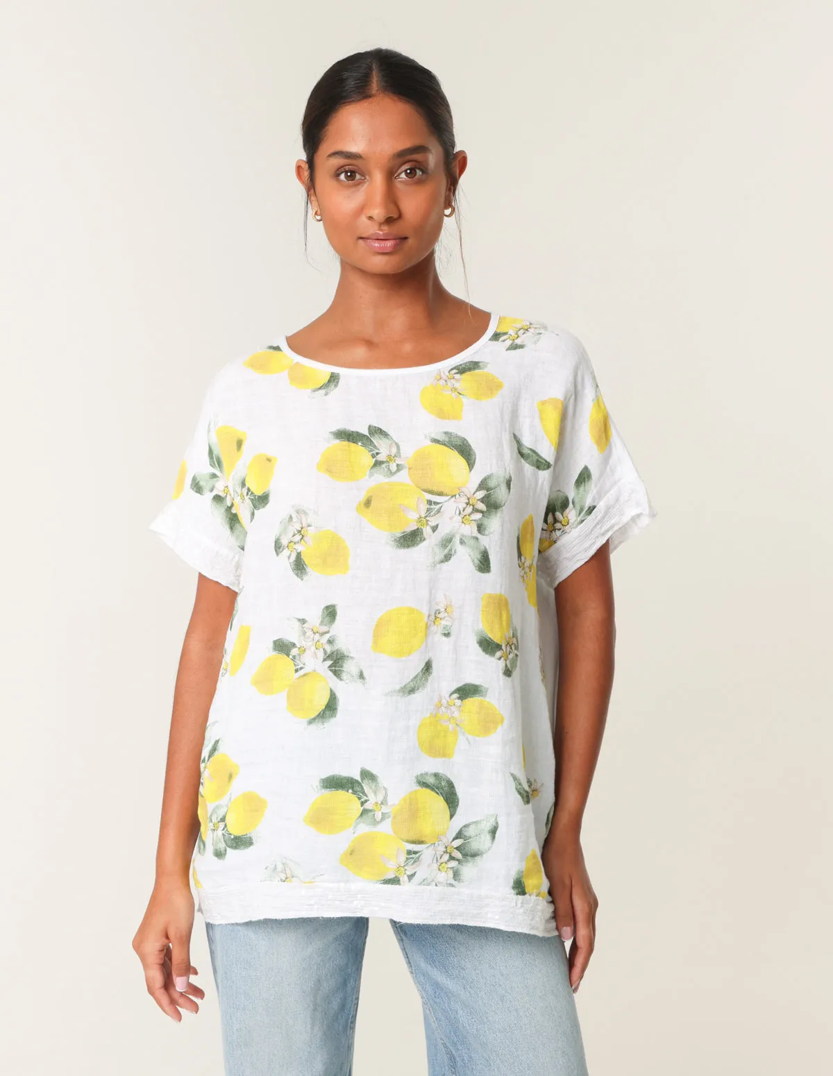 Linen Front Lemon Print Top With Sequin sold by Blue Vanilla