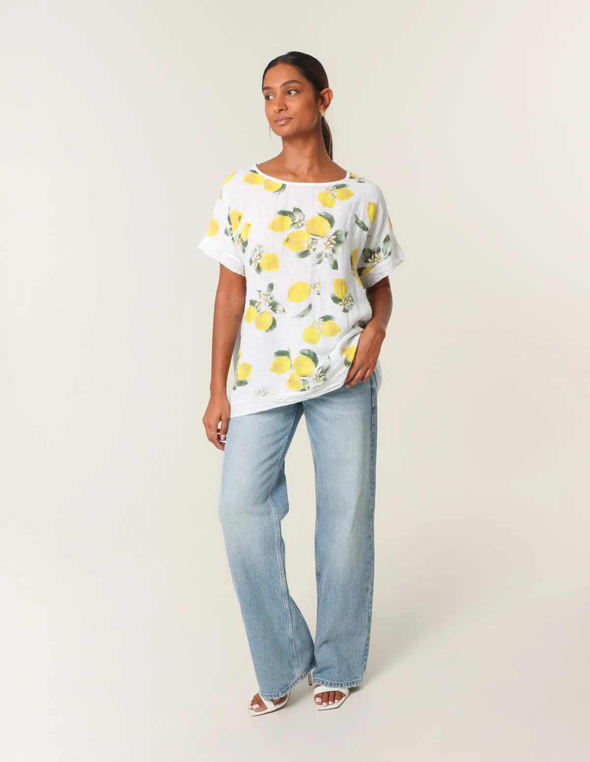 Linen Front Lemon Print Top With Sequin sold by Blue Vanilla product image thumbnail 3
