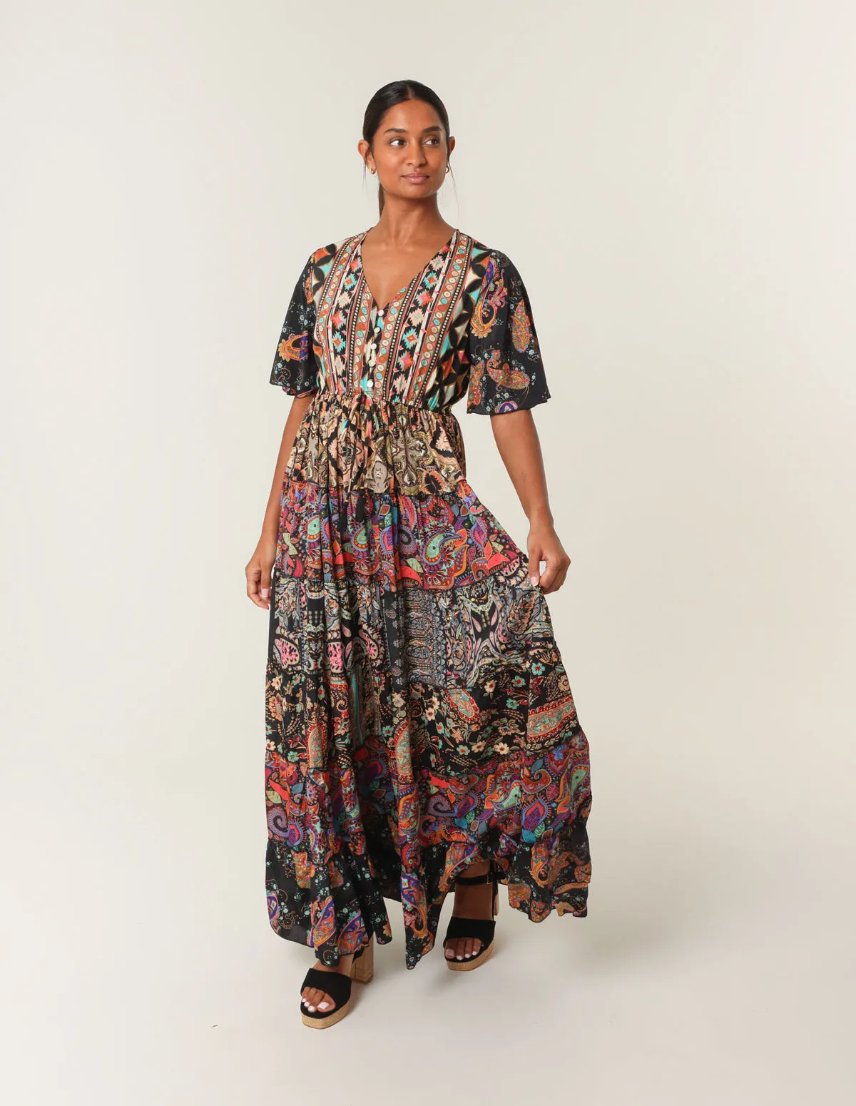 Angel Sleeve Button Front Maxi Dress sold by Blue Vanilla