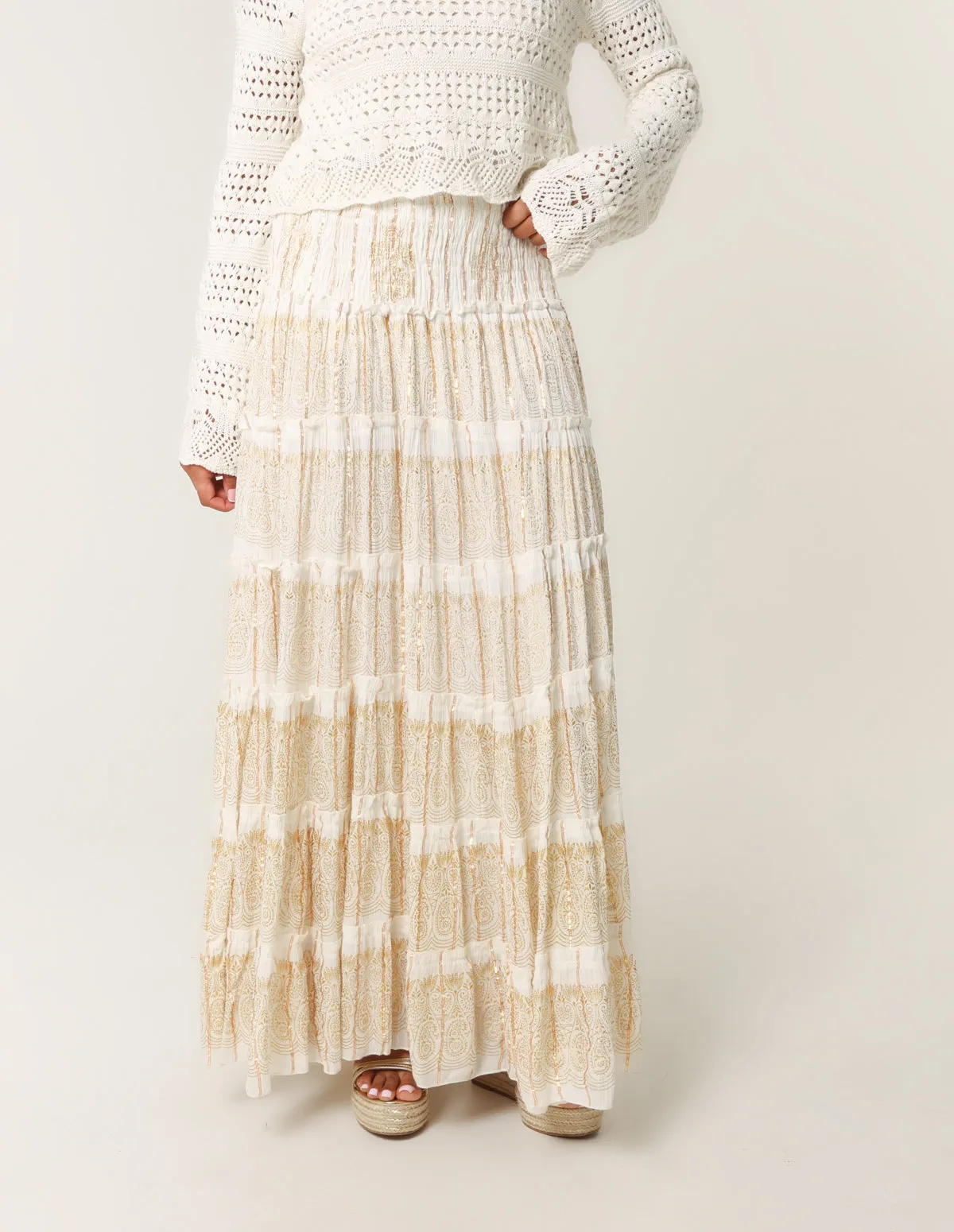 Foil Tiered Maxi Skirt sold by Blue Vanilla