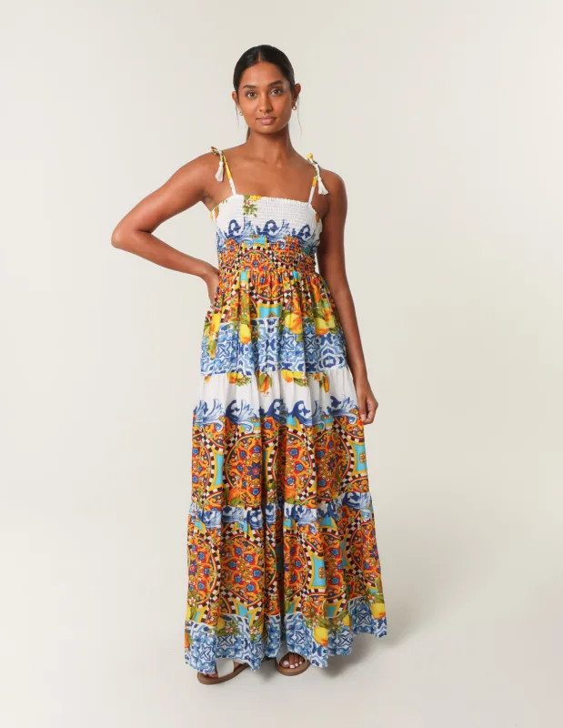 Lemon Abstract Print Shirred Maxi Dress sold by Blue Vanilla