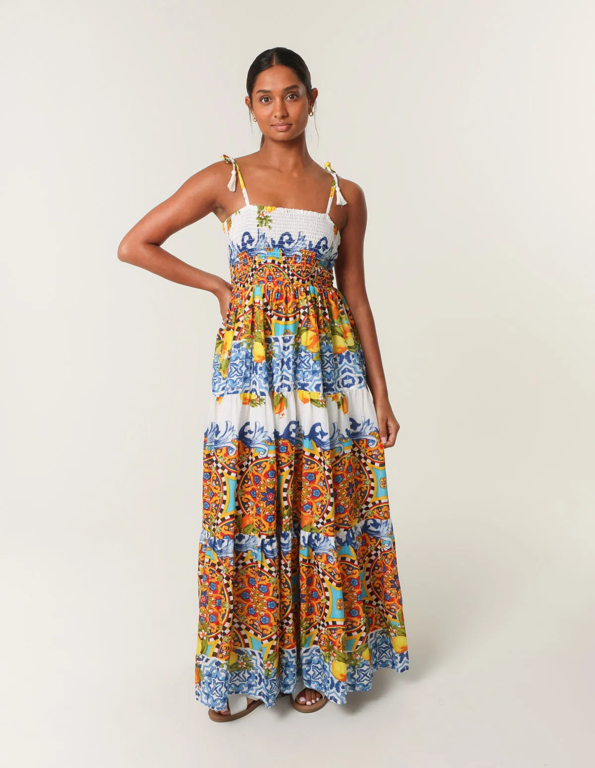 Lemon Abstract Print Shirred Maxi Dress sold by Blue Vanilla