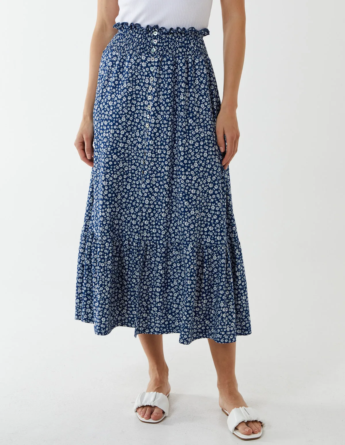 Button Front Shirring Waist Maxi Skirt sold by Blue Vanilla
