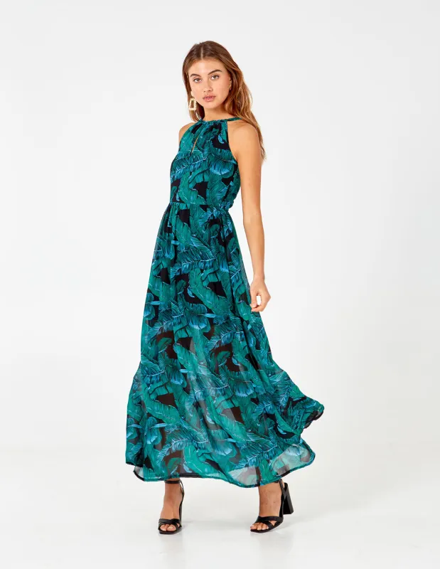 Leaf Printed Maxi Dress sold by Blue Vanilla