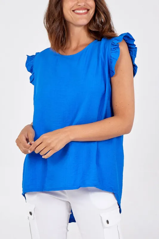 Button Back Frill Shoulder Top sold by Blue Vanilla