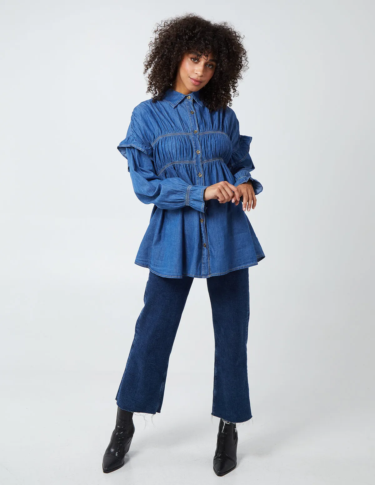 ELIANA - Gathered Front Fill Shoulder Denim Shirt sold by Blue Vanilla product image thumbnail 3