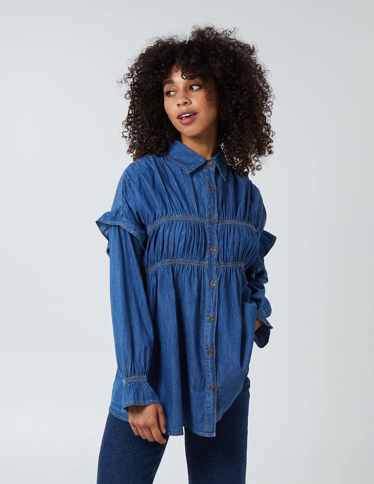 ELIANA - Gathered Front Fill Shoulder Denim Shirt sold by Blue Vanilla product image thumbnail 2