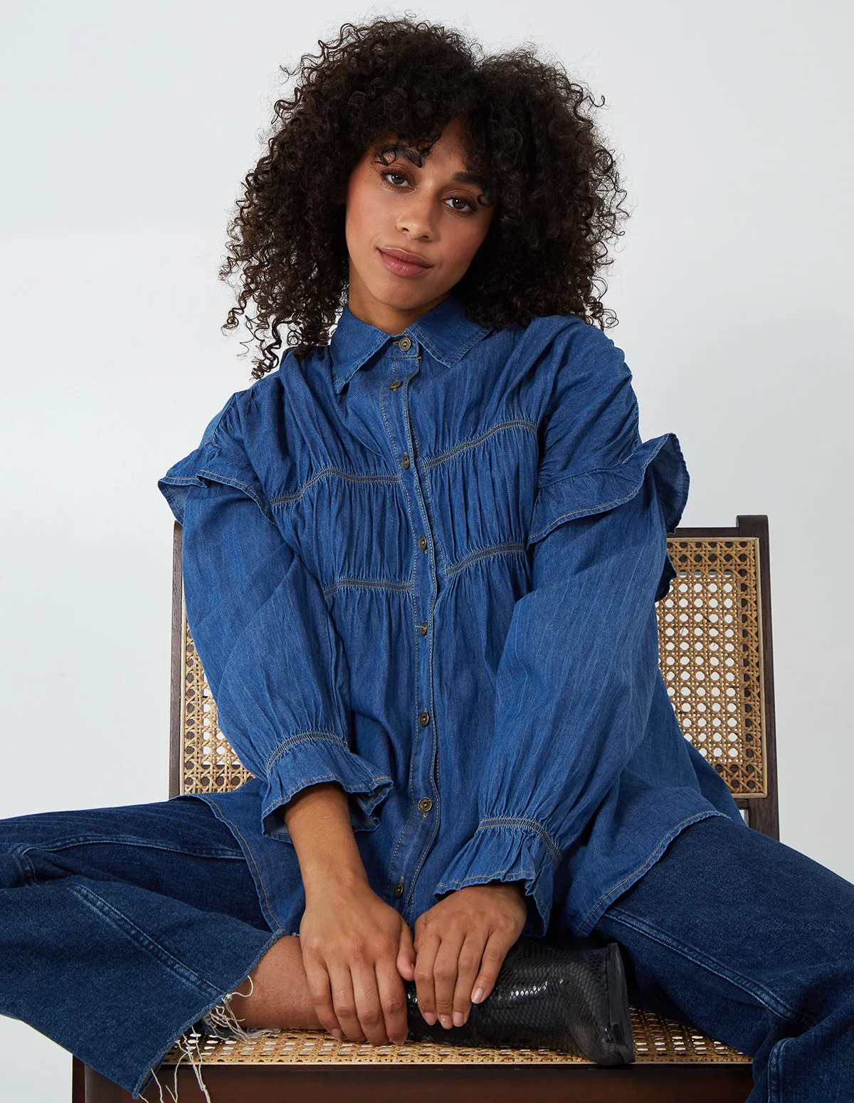 ELIANA - Gathered Front Fill Shoulder Denim Shirt sold by Blue Vanilla