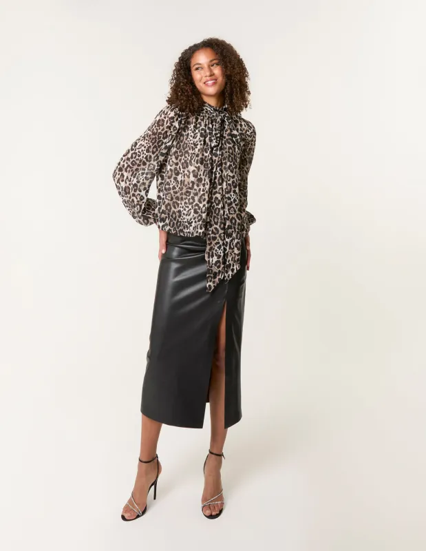 Leopard Print Tie Neck Pussy Bow Studded Puffball Top sold by Blue Vanilla