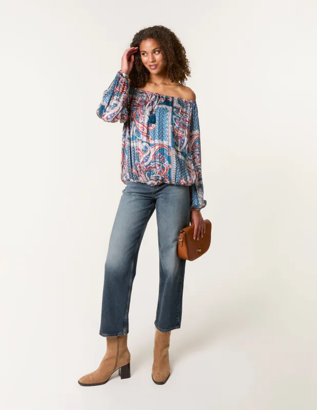 Paisley Printed Bardot Puff Ball Blouse sold by Blue Vanilla