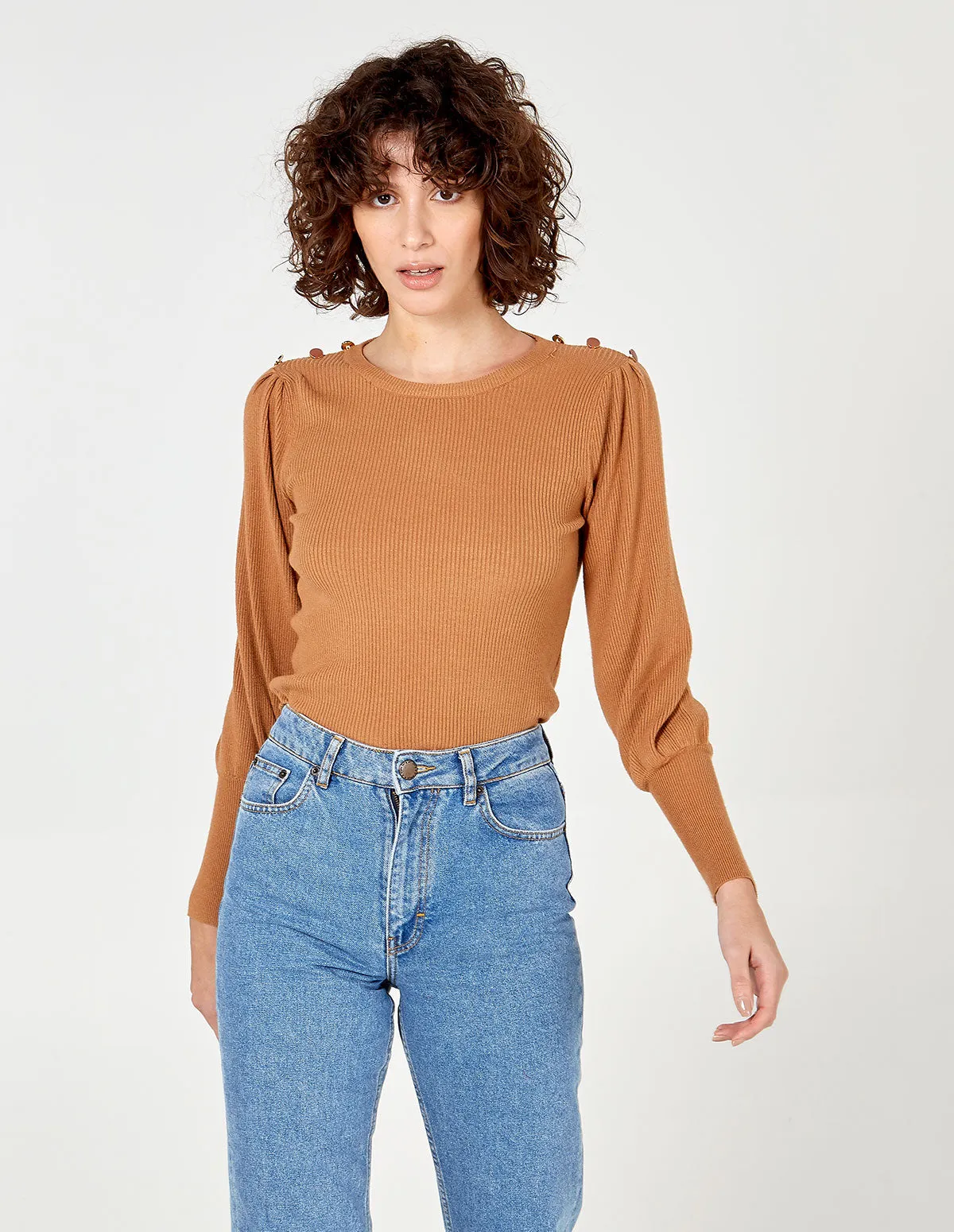 Button Shoulder Balloon Sleeve Jumper sold by Blue Vanilla