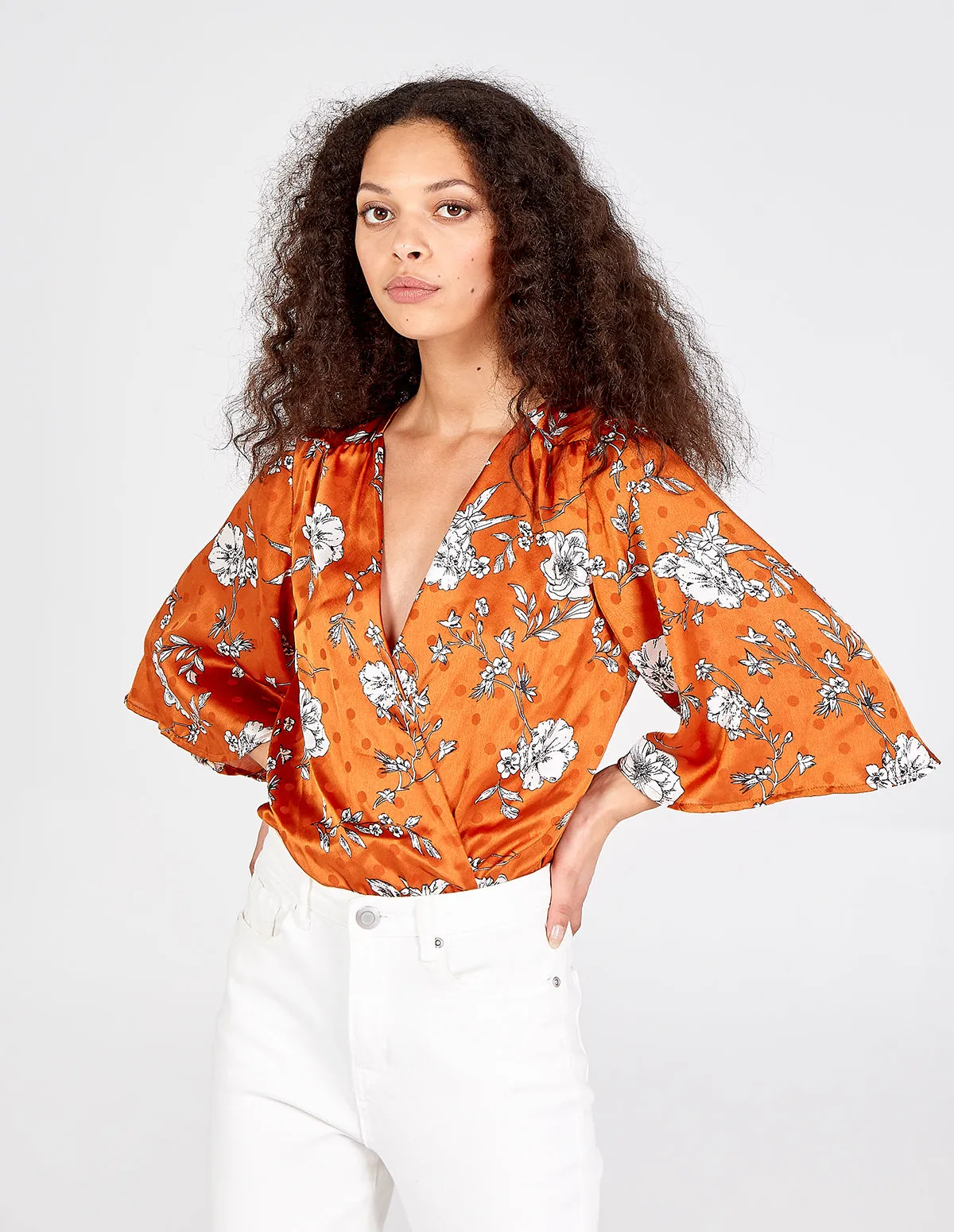 Polka Kimono Sleeve Wrap Rust Bodysuit sold by Blue Vanilla