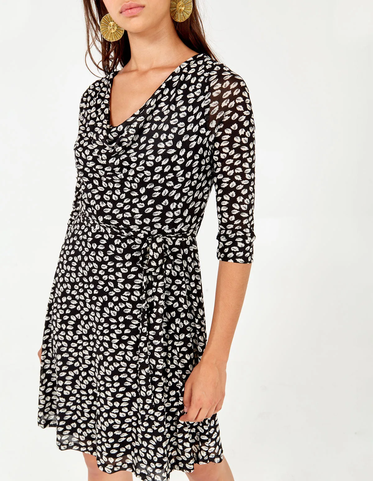 Cowl Neck 3/4 Sleeve Mini Leaf Print Dress sold by Blue Vanilla product image thumbnail 5