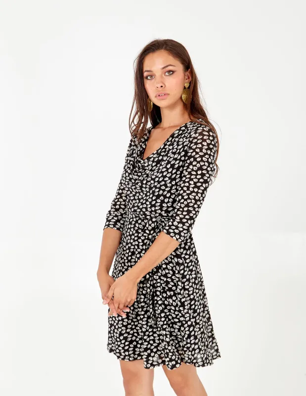 Cowl Neck 3/4 Sleeve Mini Leaf Print Dress made by Blue Vanilla