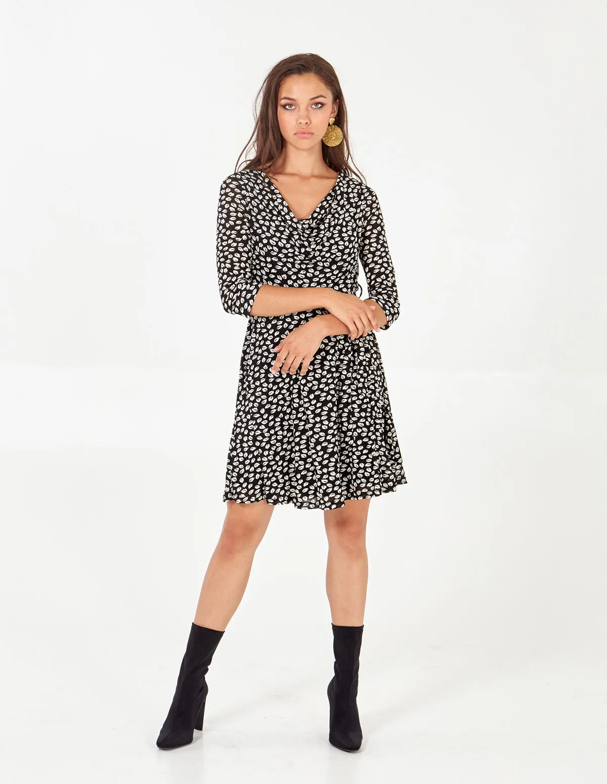 Cowl Neck 3/4 Sleeve Mini Leaf Print Dress sold by Blue Vanilla product image thumbnail 3