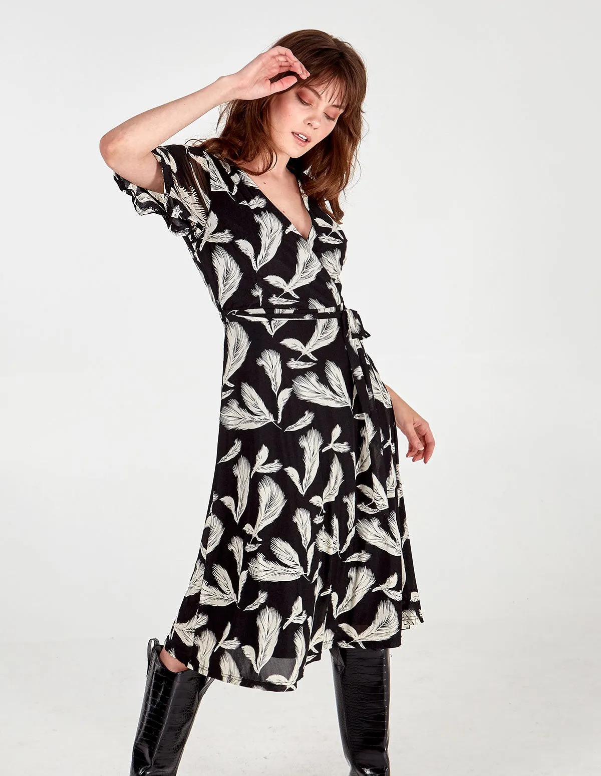 Feather Print Frill Sleeve Wrap Midi Dress sold by Blue Vanilla