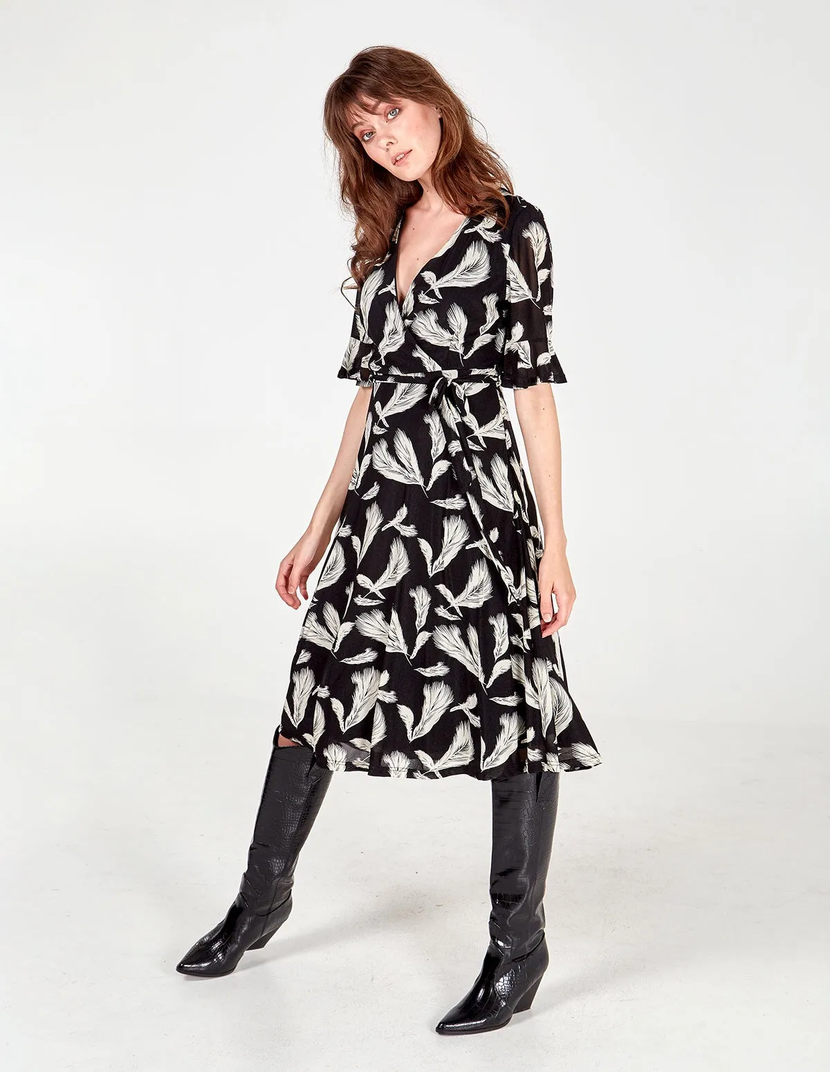 Feather Print Frill Sleeve Wrap Midi Dress sold by Blue Vanilla product image thumbnail 3