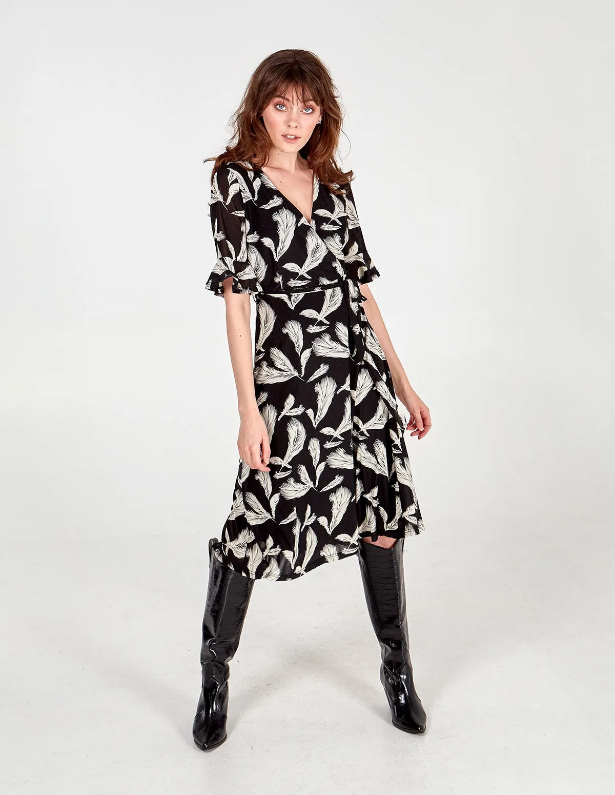 Feather Print Frill Sleeve Wrap Midi Dress sold by Blue Vanilla product image thumbnail 2