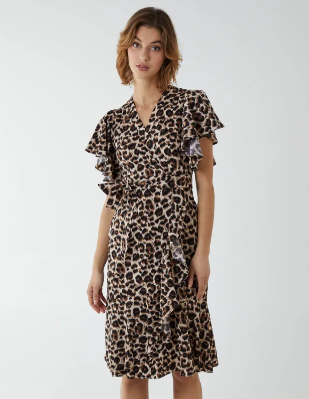 Leopard Print Wrap Ruffle Midi Dress made by Blue Vanilla