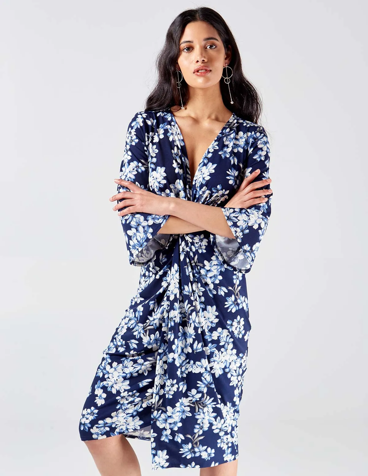 Twist Front Midi Floral Print Dress sold by Blue Vanilla