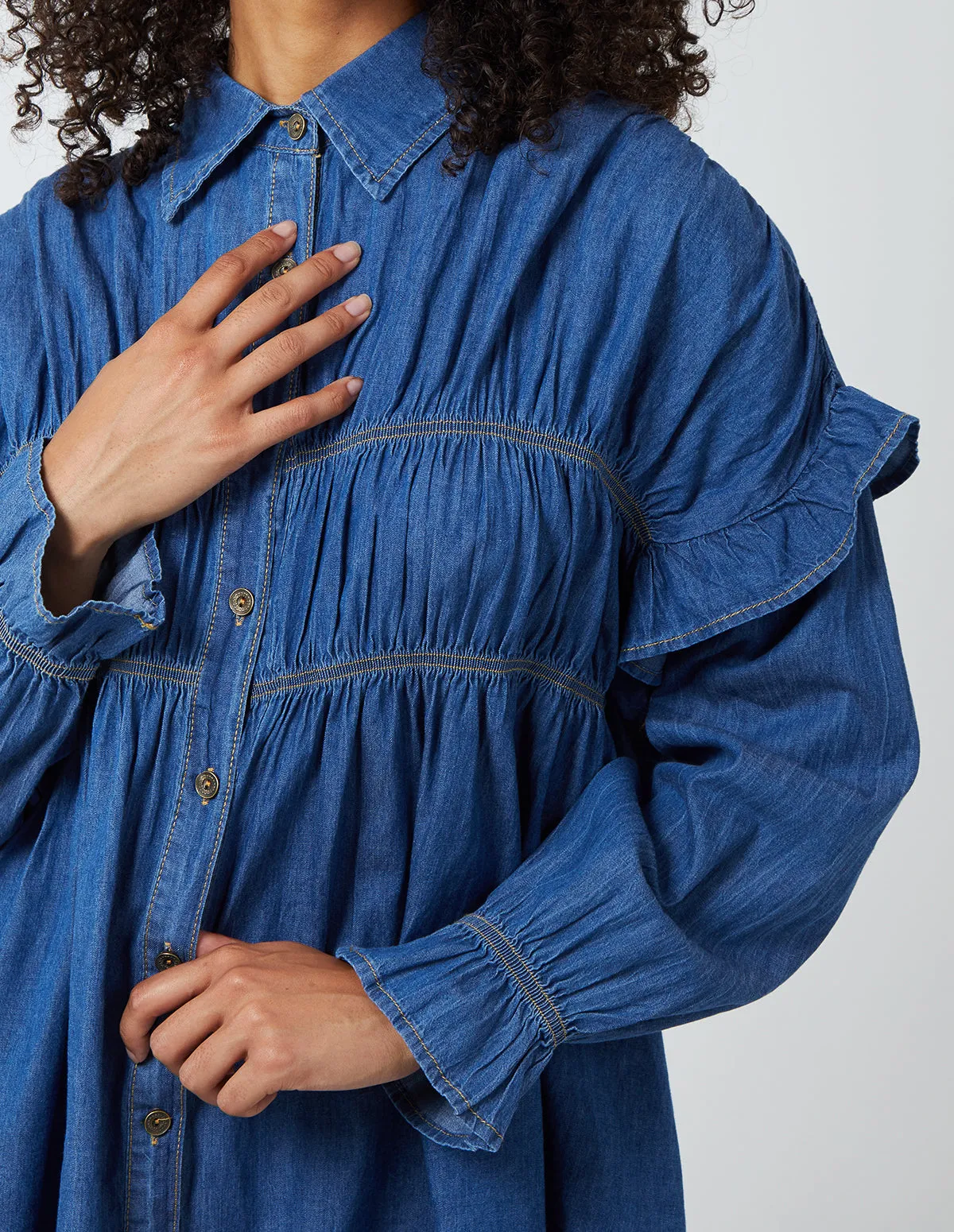 Gathered Front Fill Shoulder Denim Shirt sold by Blue Vanilla product image thumbnail 4